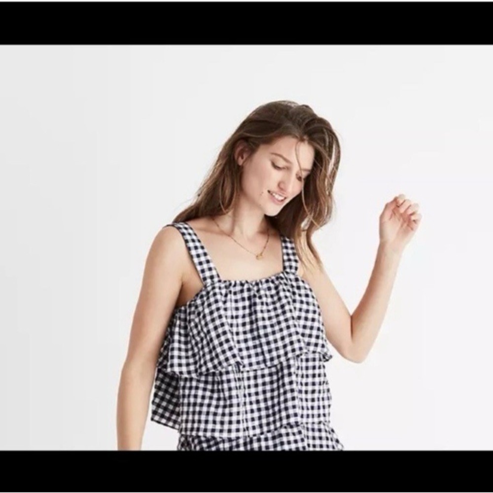 Madewell Gingham Tiered Crop Top Womens Medium Linen Blend Blue Country Cottage